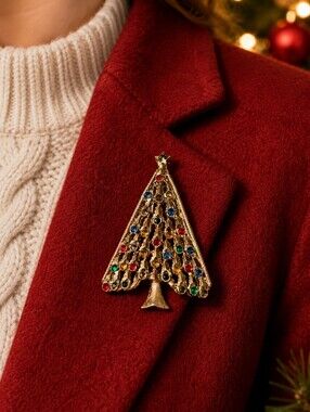 Vintage LJM Christmas Tree Brooch Gold Tone Multicolor Rhinestone Mid Century